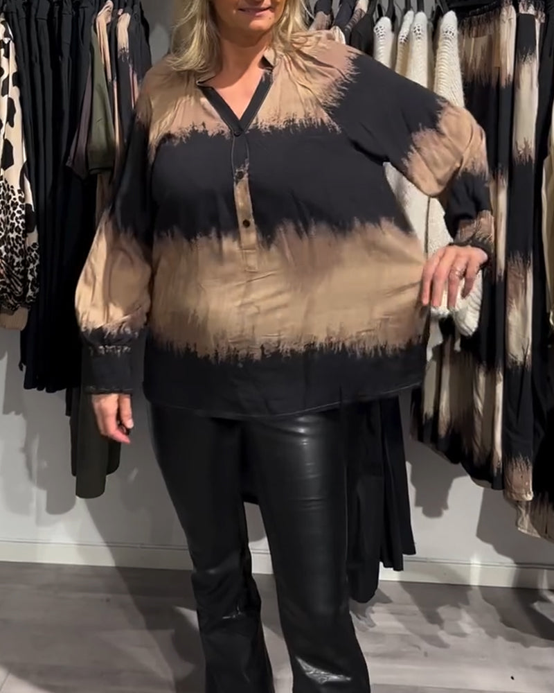 Women's Brown Tie-Dye V-Neck Blouse, Long Sleeves, Buttons