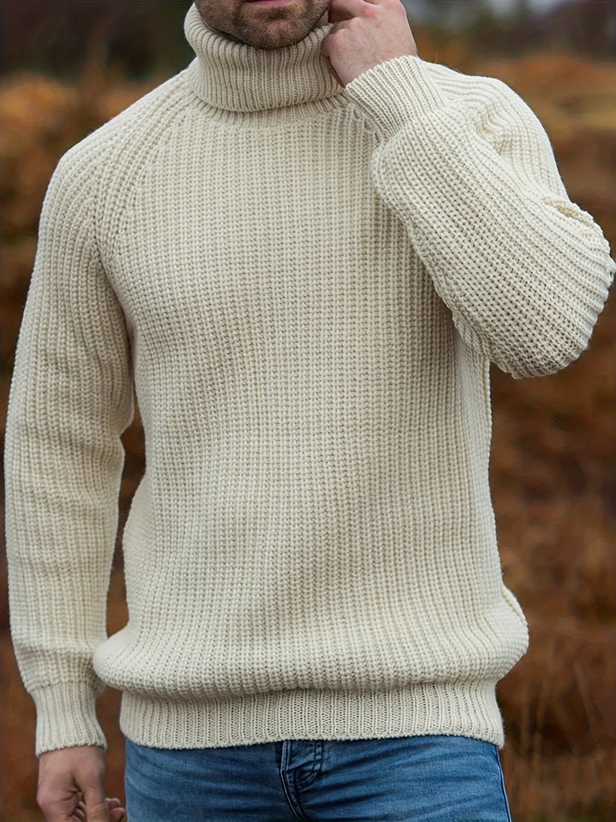 Alexander | Mens Warm Knit Sweater with Turtleneck — Classic Knit Design in Beige | Westmere