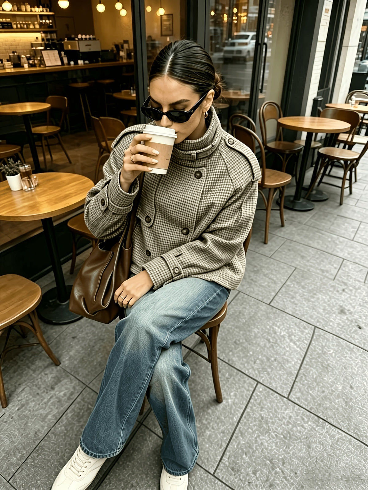 Women's Jacket with Check Pattern and Button Front | Pockets, Cropped Length | Size S-2XL | Khaki