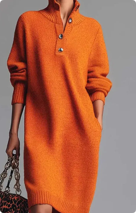 Women's Knit Sweater Dress with Collared Button Placket | Relaxed Drop Shoulder Shape, Below the Knee | Sizes S-3XL, 5 Colors