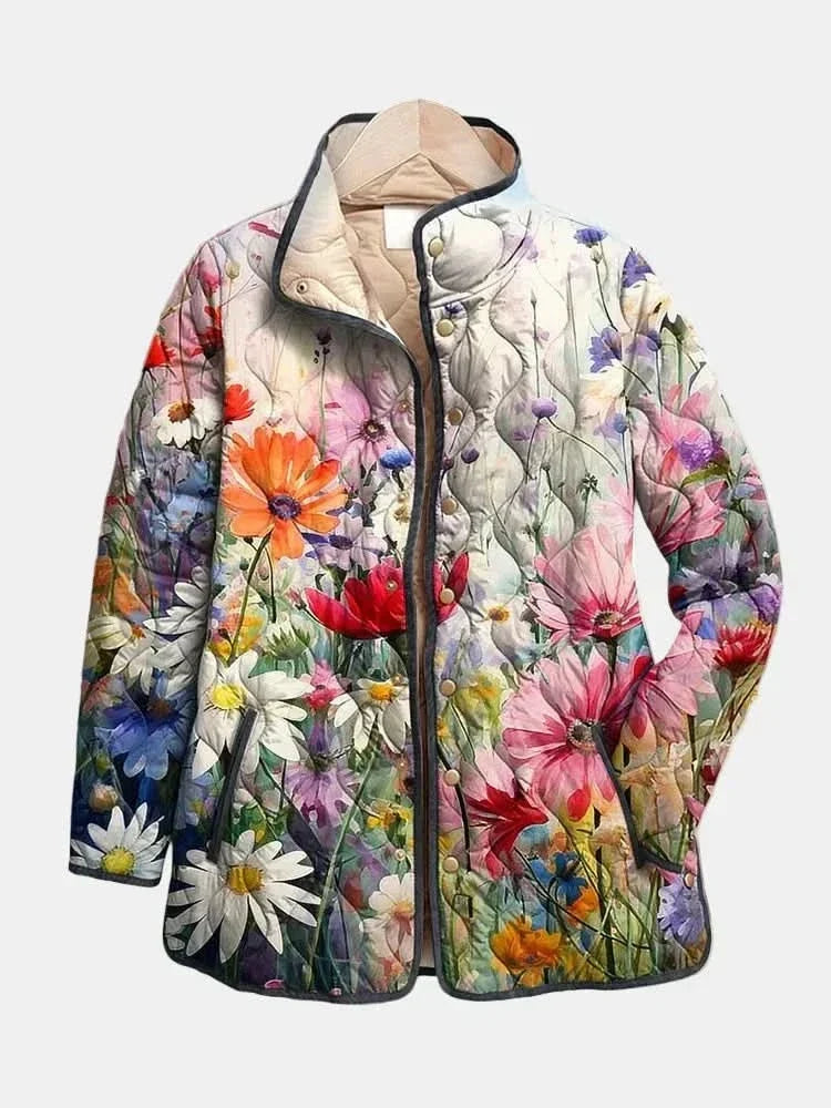 Women's Puffer Jacket with Quilted Panels and Floral Print | Breathable Fabric | For Winter | Size S-5XL