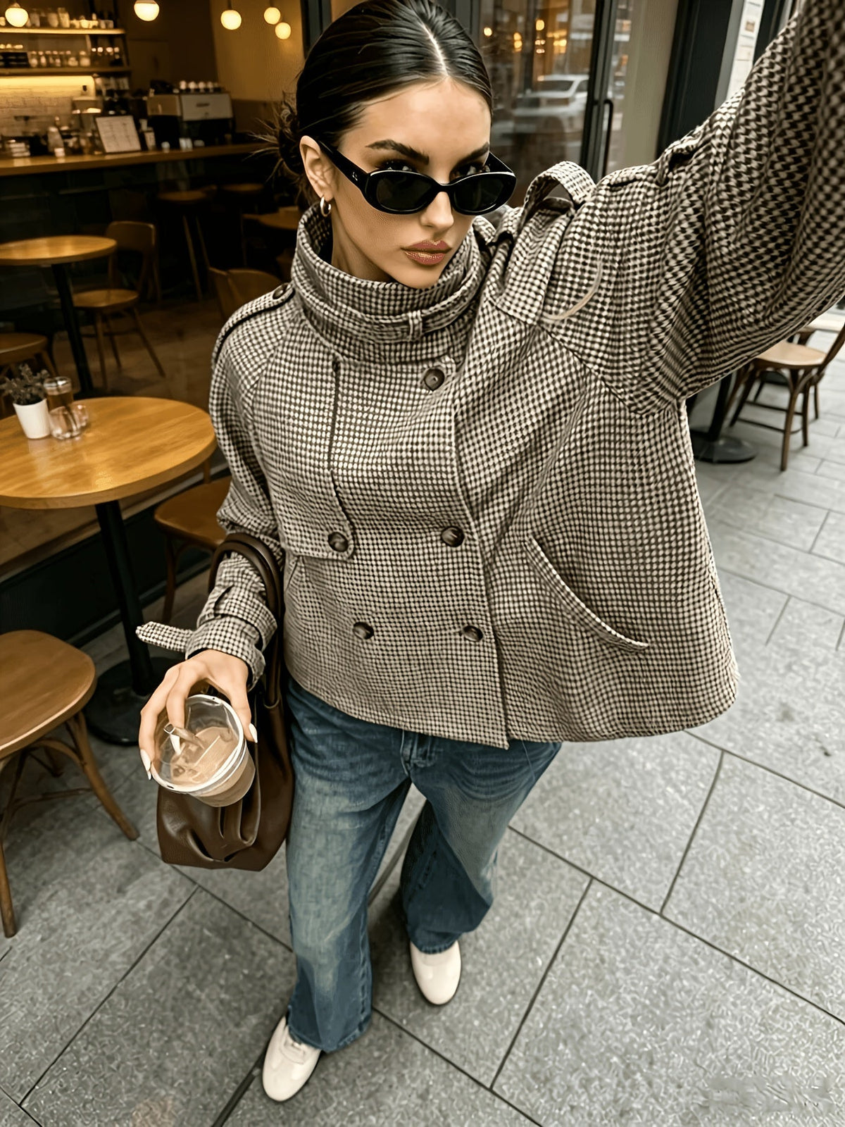 Women's Jacket with Check Pattern and Button Front | Pockets, Cropped Length | Size S-2XL | Khaki