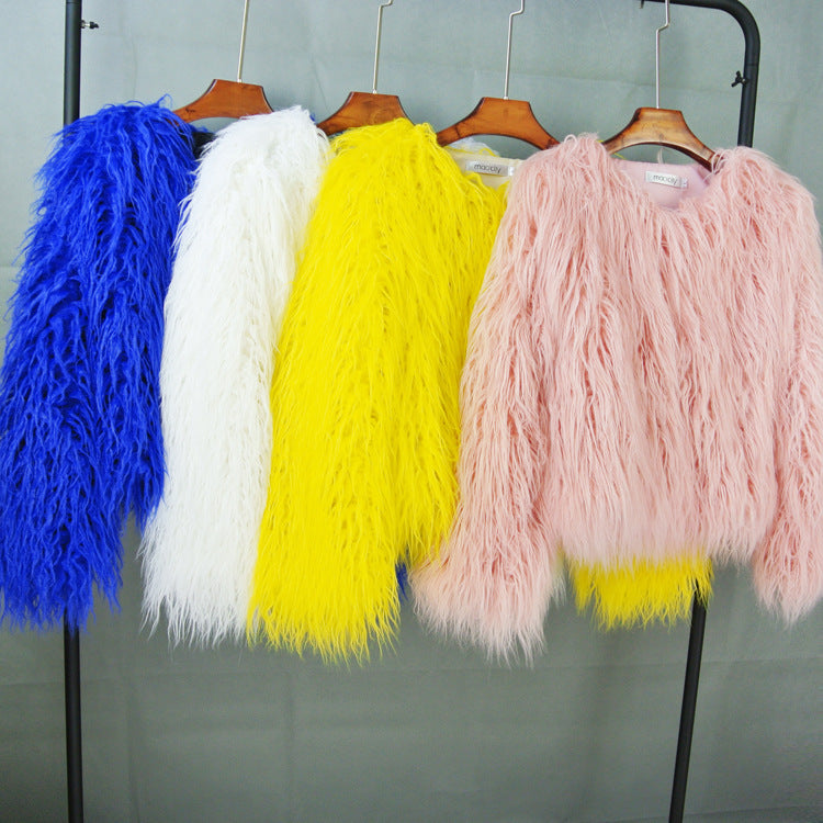 Women's Shaggy Faux Fur Jacket Round Neck Long Sleeve