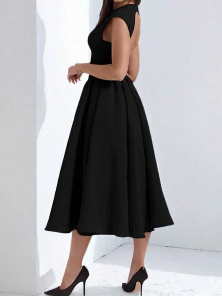 Women's Satin Midi Dress with Bateau Neck and Cap Sleeves | Open Back, Pockets | Sizes XS to XL, 4 Colors