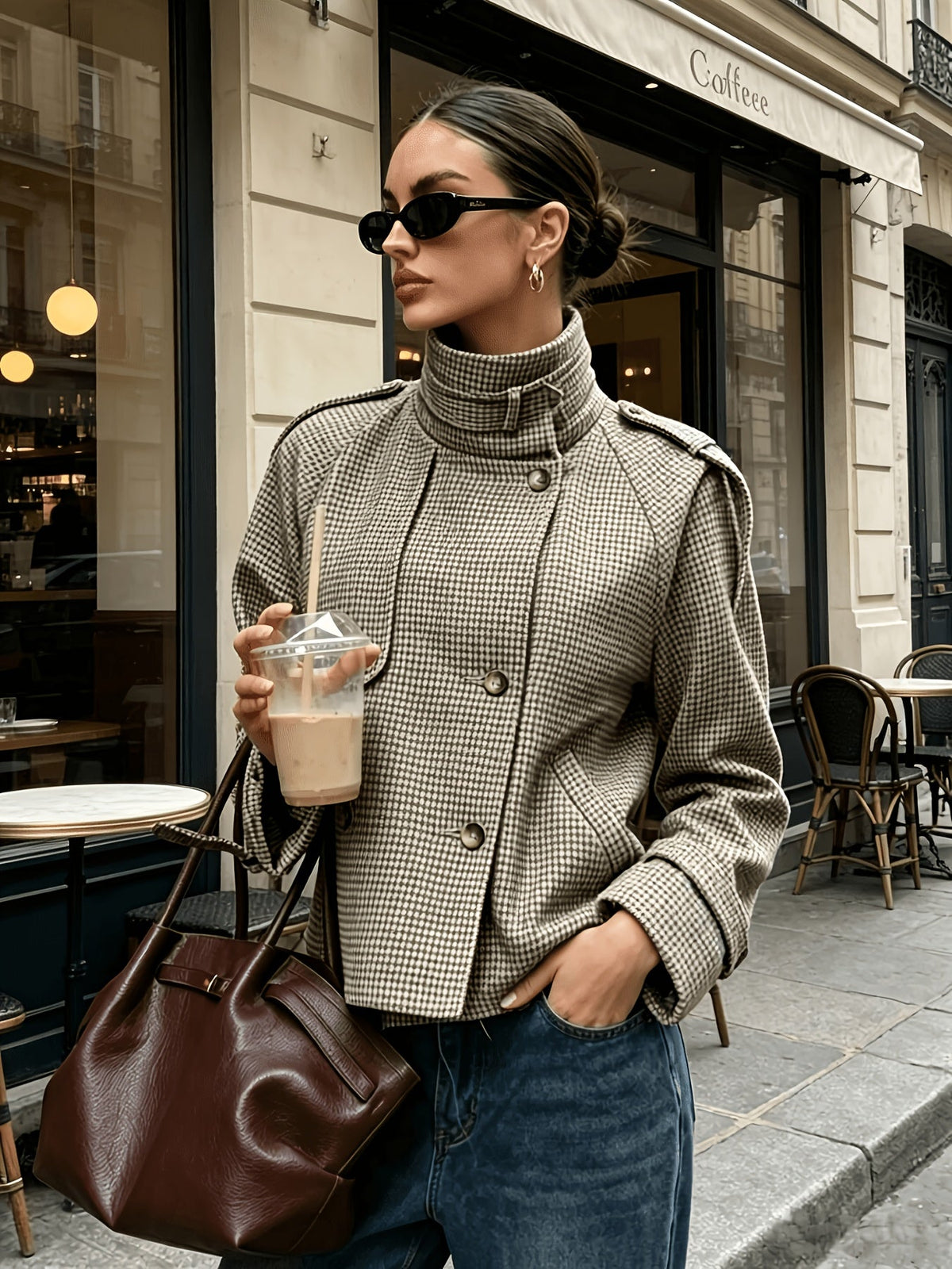 Women's Jacket with Check Pattern and Button Front | Pockets, Cropped Length | Size S-2XL | Khaki