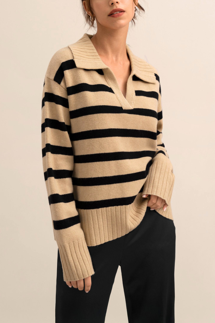 Axelle Striped Collared V-Neck Sweater