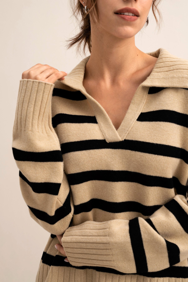 Axelle Striped Collared V-Neck Sweater
