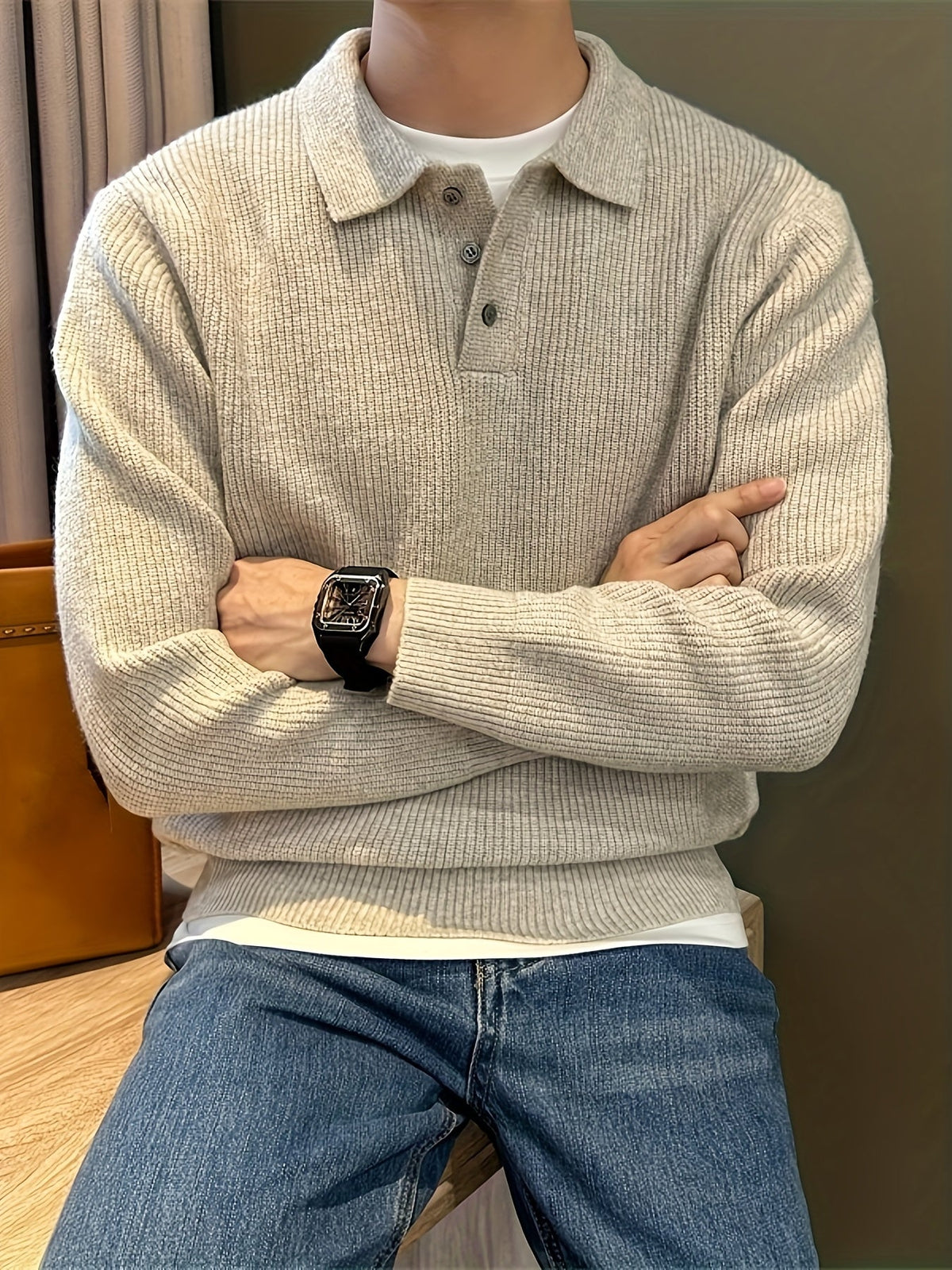 Men's Ribbed Knit Polo Sweater, Long Sleeve, Button Placket