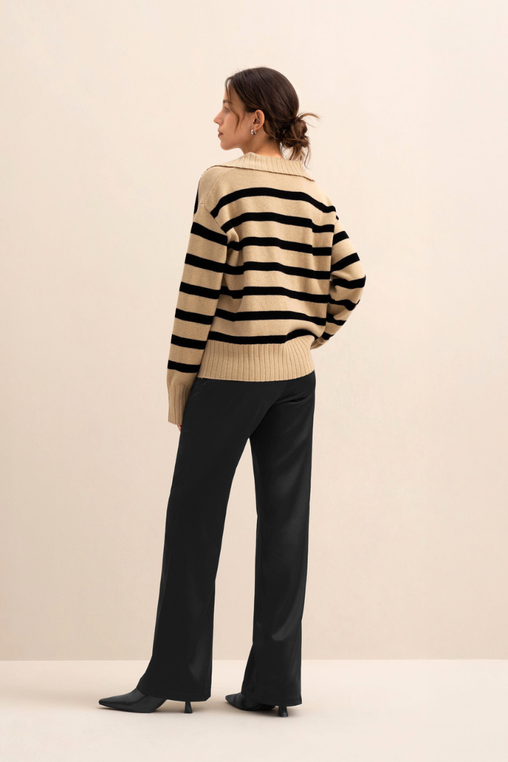 Axelle Striped Collared V-Neck Sweater