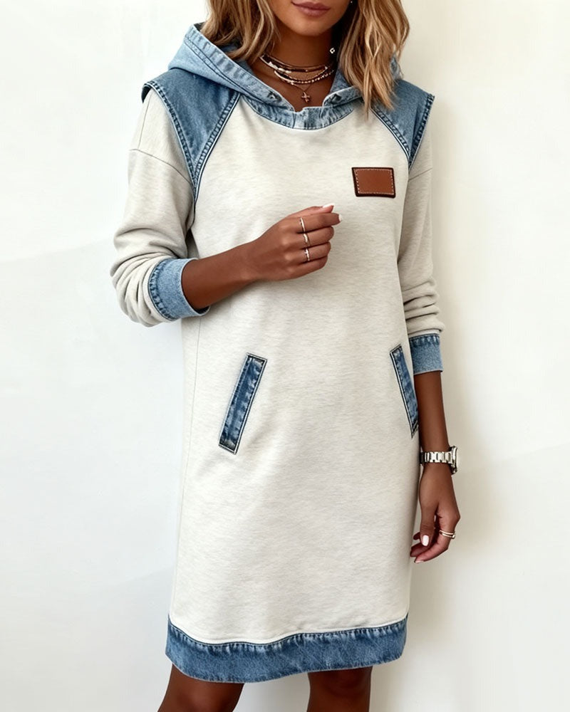 Women's Hoodie Sweatshirt Dress with Denim Trim Long Sleeve and Pockets