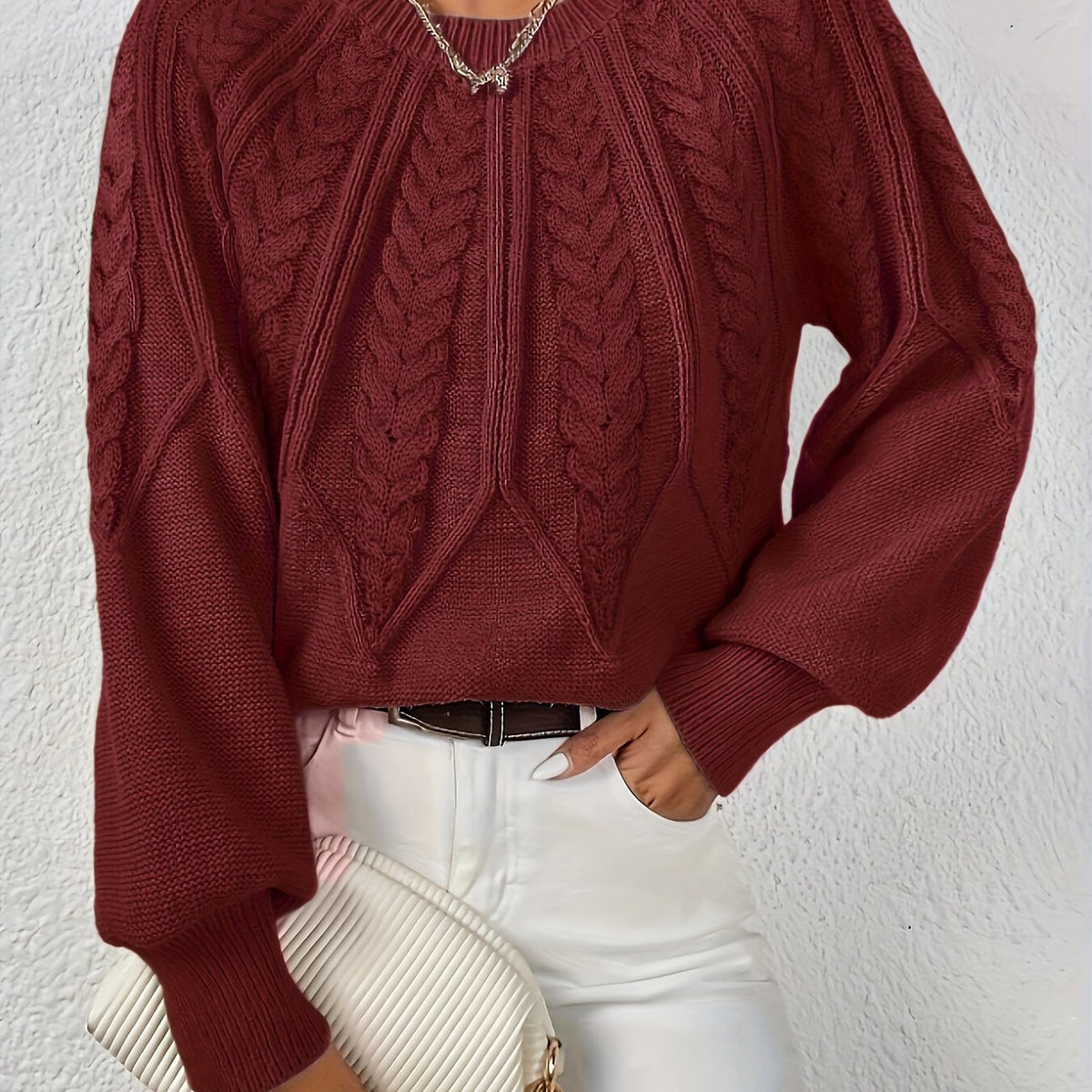 Women's Cable-Knit Pullover Sweater with Lantern Sleeves