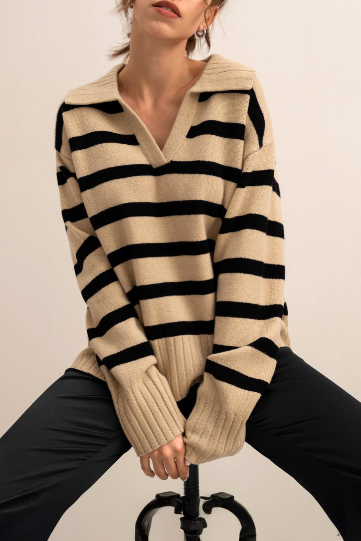 Axelle Striped Collared V-Neck Sweater