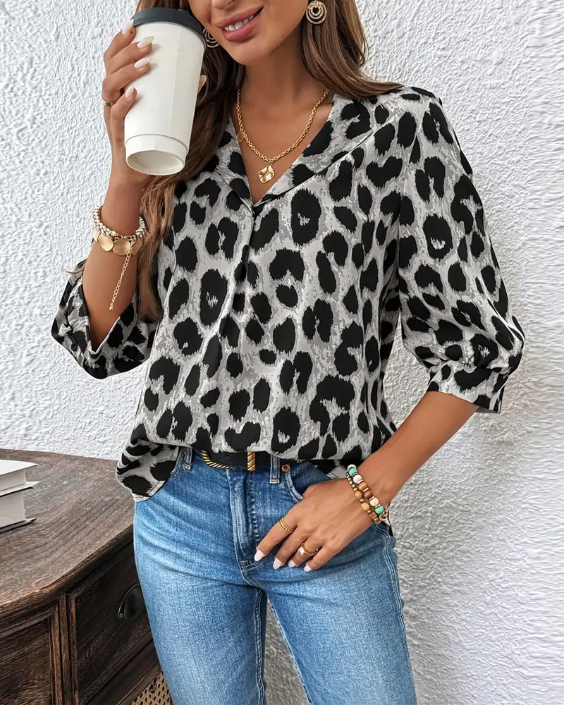 Women's Leopard Print Blouse, V-Neck, 3/4 Sleeves, Loose