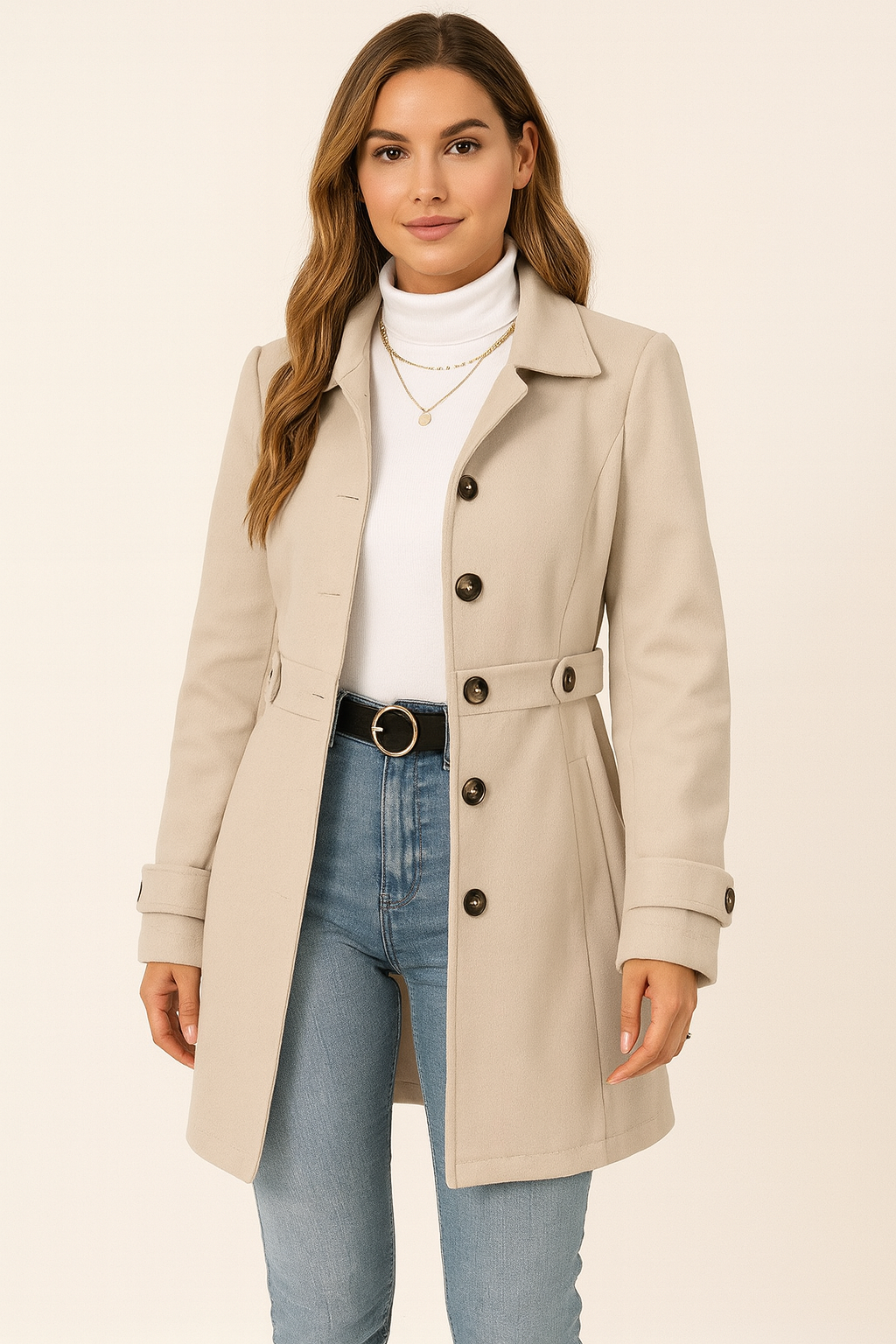 Women's Belted Trench Coat, Tailored Fit, Long Sleeves