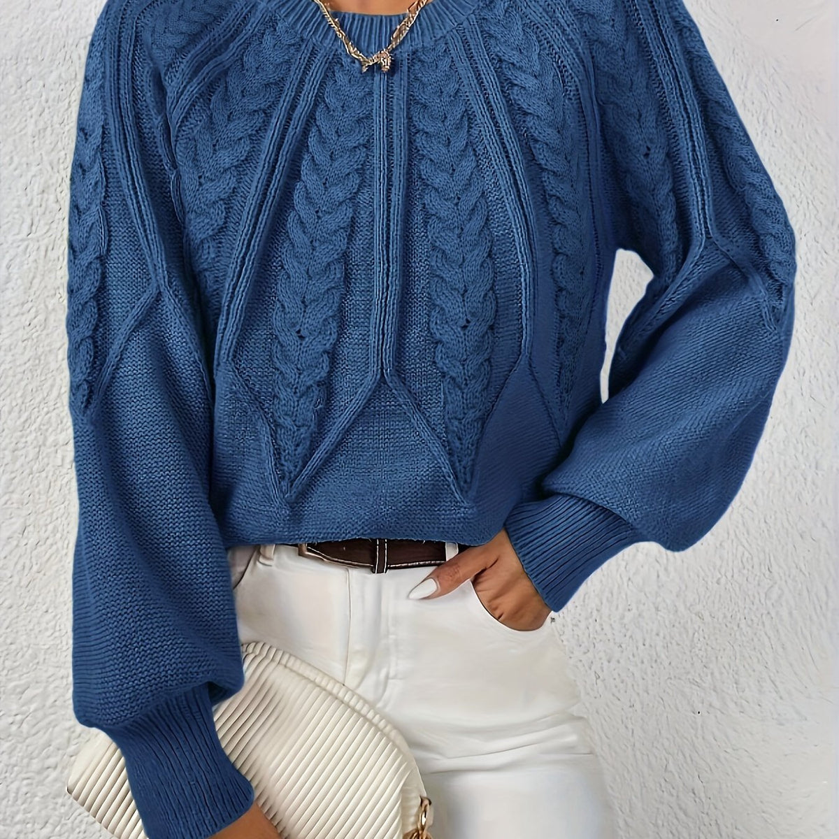 Women's Cable-Knit Pullover Sweater with Lantern Sleeves