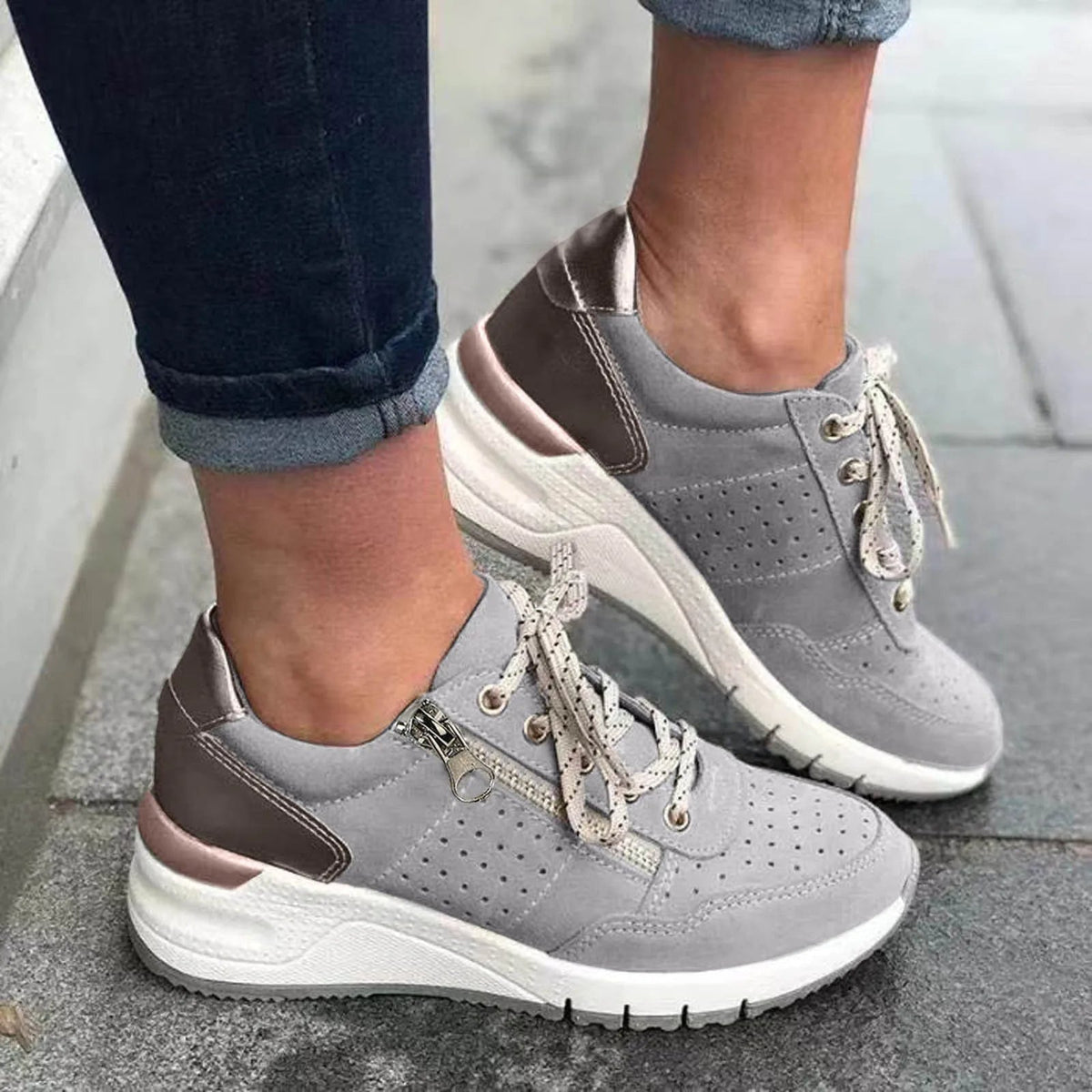 Women's Lace-Up Sneakers with Chunky Sole and Side Zip