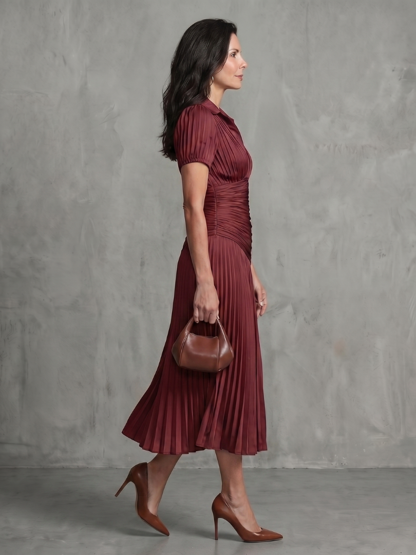 Theodora | Striped Midi Dress with Pleated Waist™