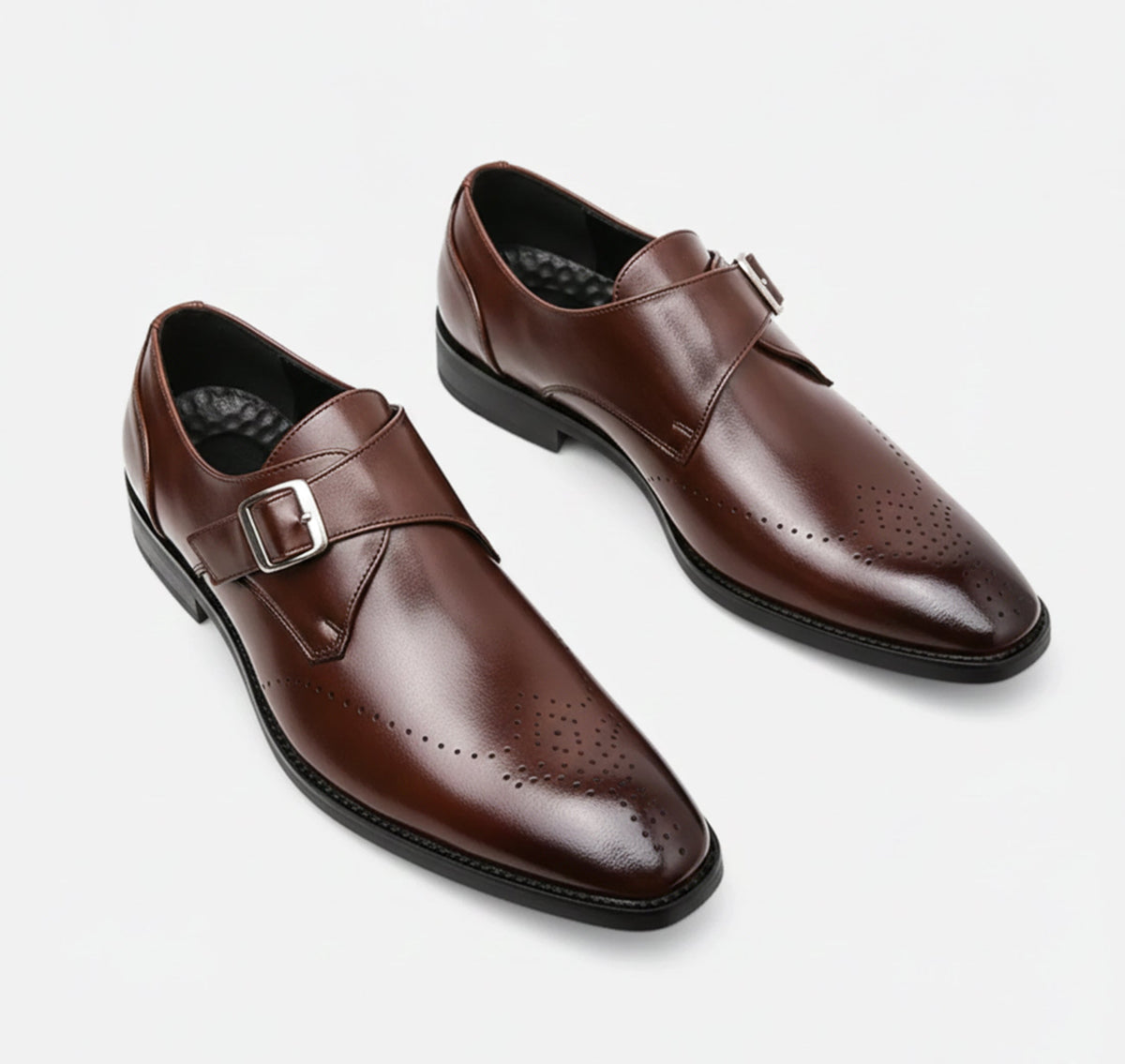 Men's Monk Strap Loafers, Brogue Detail, Square Toe