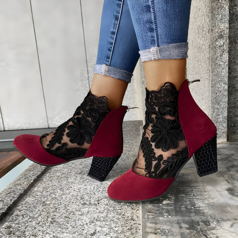 Women's Lace Overlay Ankle Boots with Block Heel