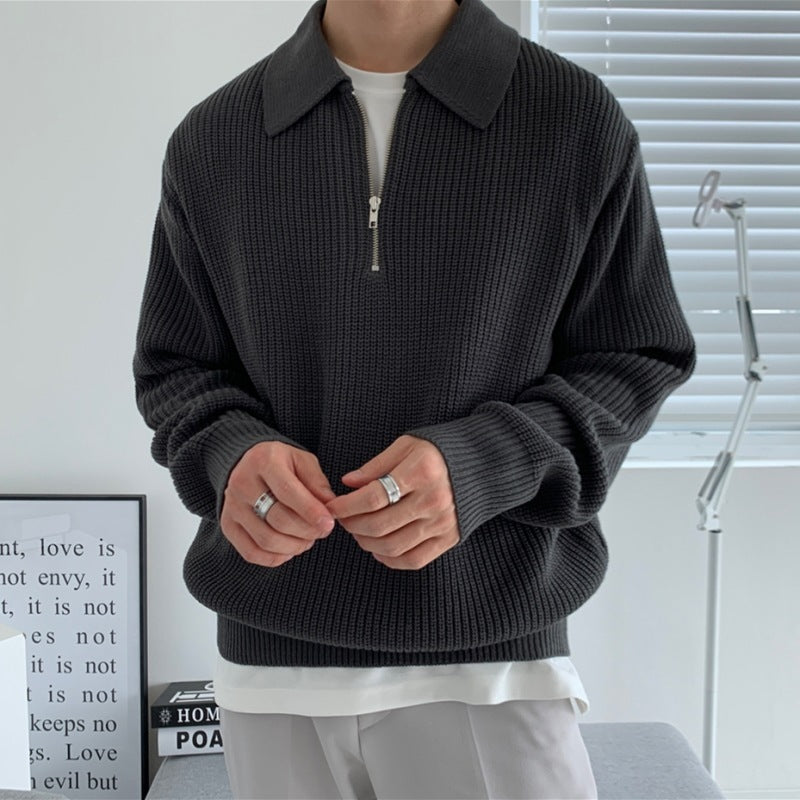 Jose | Mens Knit Zip Sweater with Collar | Loose Relaxed Fit, Classic Zipper Closure | Black, Gray, Khaki M-3XL