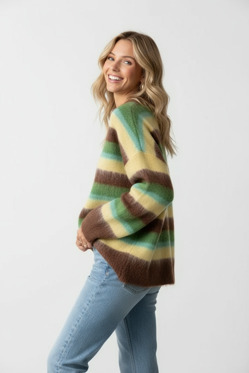 Women's Striped Crew Neck Sweater, Long Sleeves, Oversized Fit