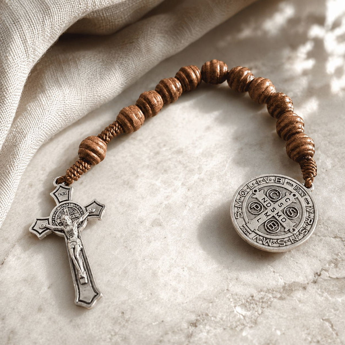 Saint Benedict | Natural Wood Pocket Rosary
