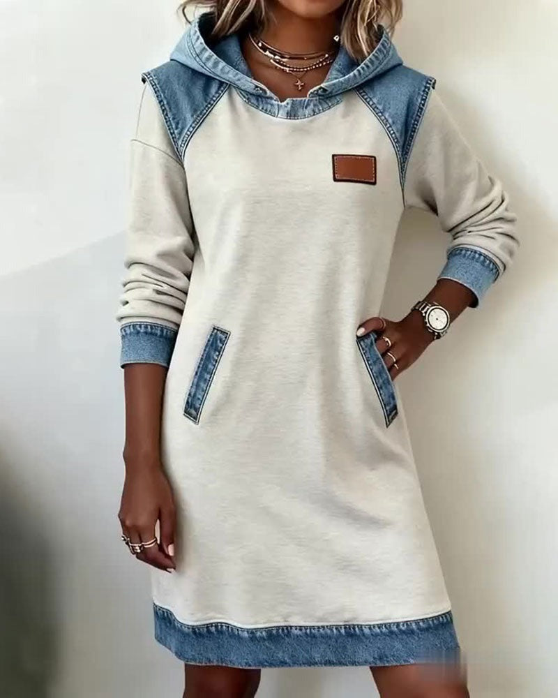 Women's Hoodie Sweatshirt Dress with Denim Trim Long Sleeve and Pockets