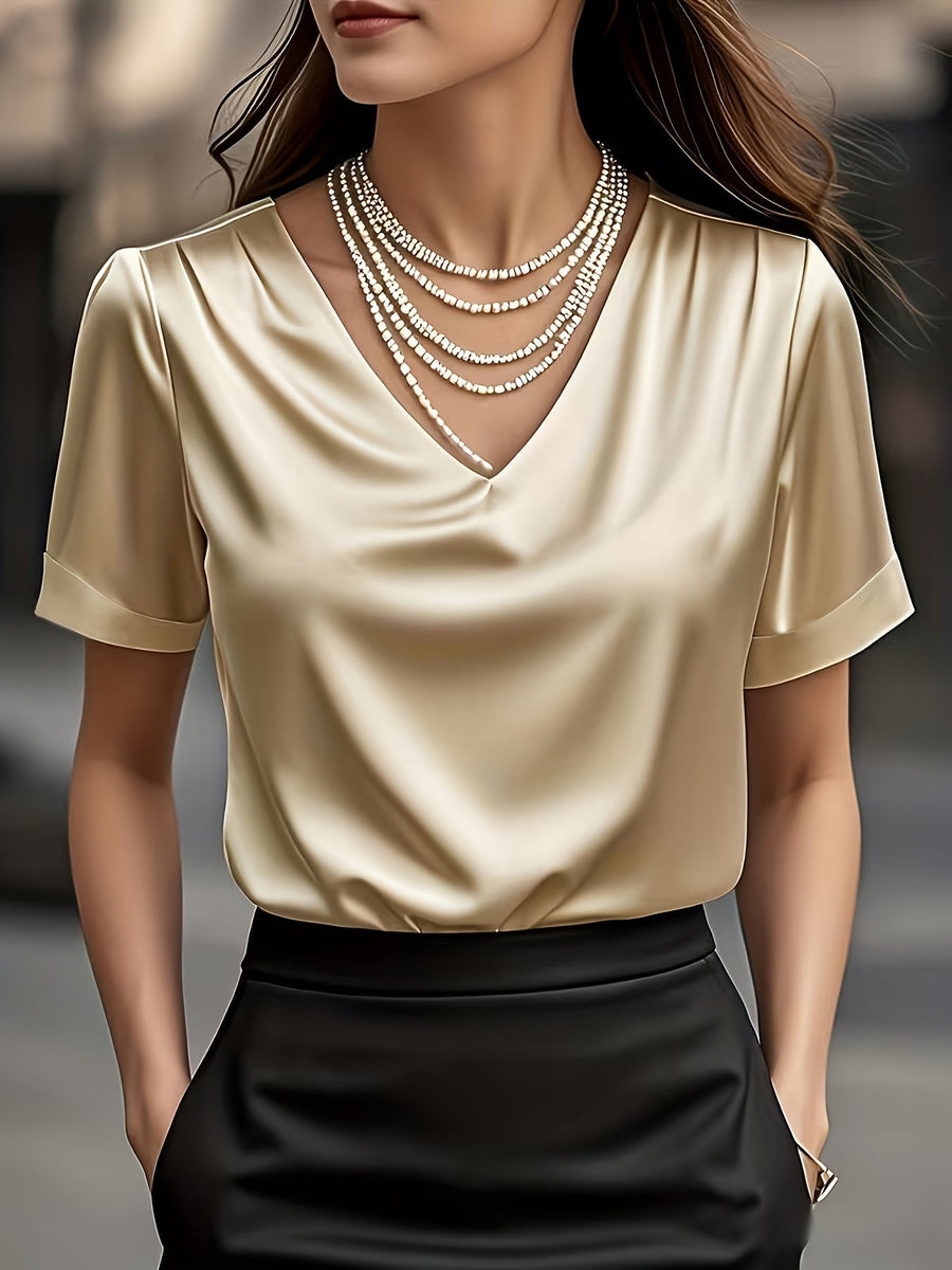Women's Satin Blouse with V Neck and Short Sleeves