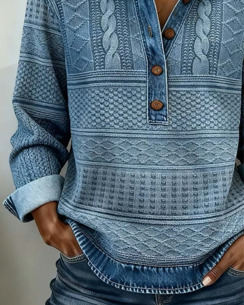 Kristen | Womens Cable Knit Sweater with Collar and Button Neckline | Relaxed Fit, Long Sleeves | Blue, Gray, Brown S-3XL
