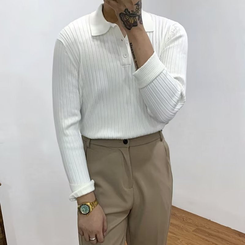 Men's Ribbed Polo Sweater, Long Sleeves, Button Placket