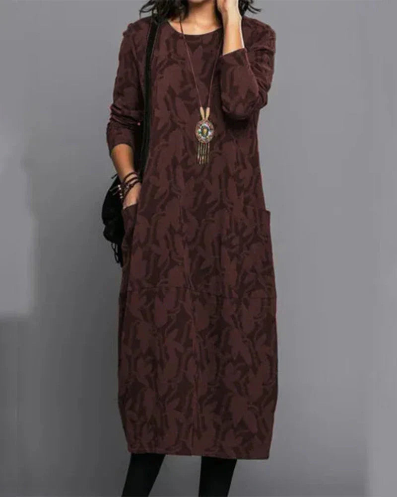 Women's Long Sleeve Midi Dress, Leaf Pattern, Pockets