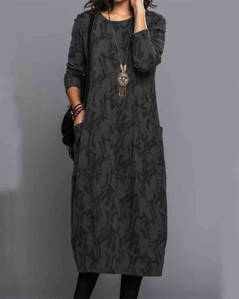 Women's Long Sleeve Midi Dress, Leaf Pattern, Pockets