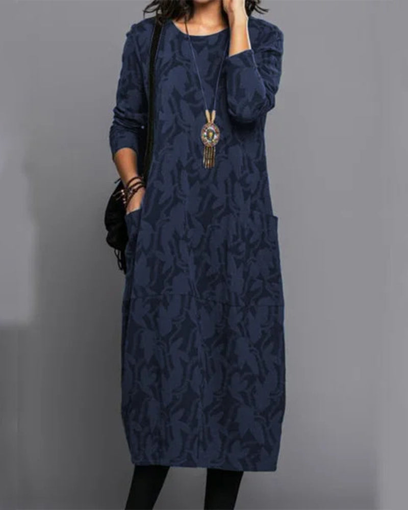 Women's Long Sleeve Midi Dress, Leaf Pattern, Pockets