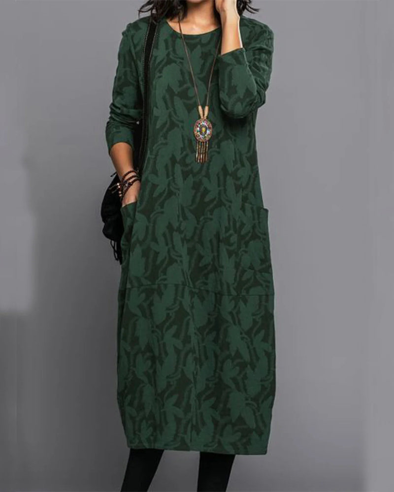 Women's Long Sleeve Midi Dress, Leaf Pattern, Pockets
