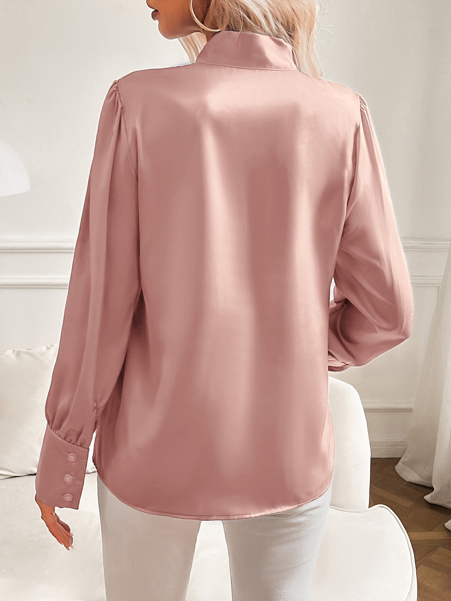 Women's Satin Bow Blouse with Stand Collar