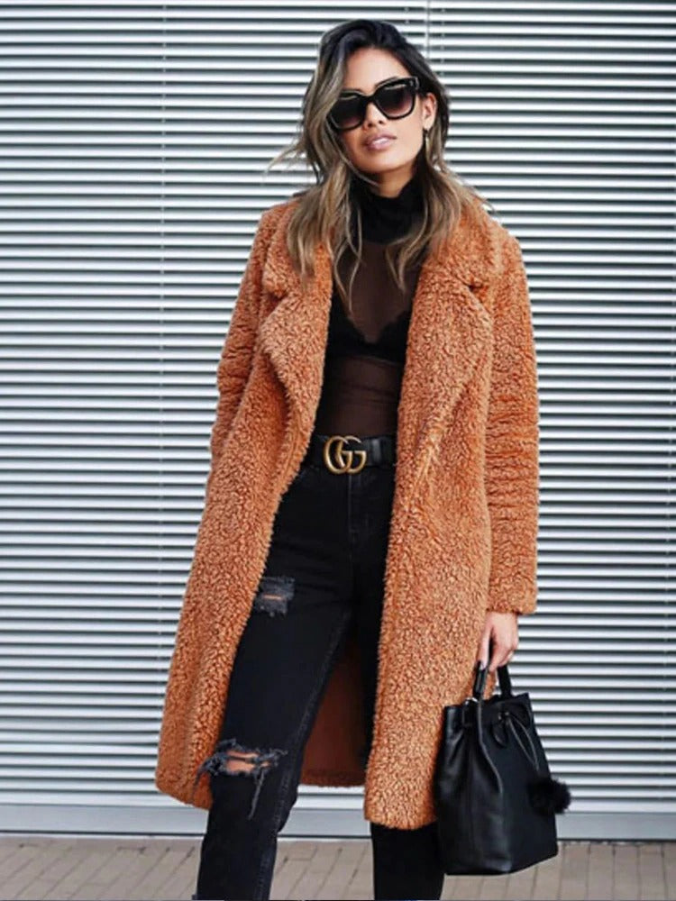 Sandra | Womens Long Teddy Coat in Soft Fleece | Long Length for Cold Days | Apricot, Black, Dark Gray and More S-3XL