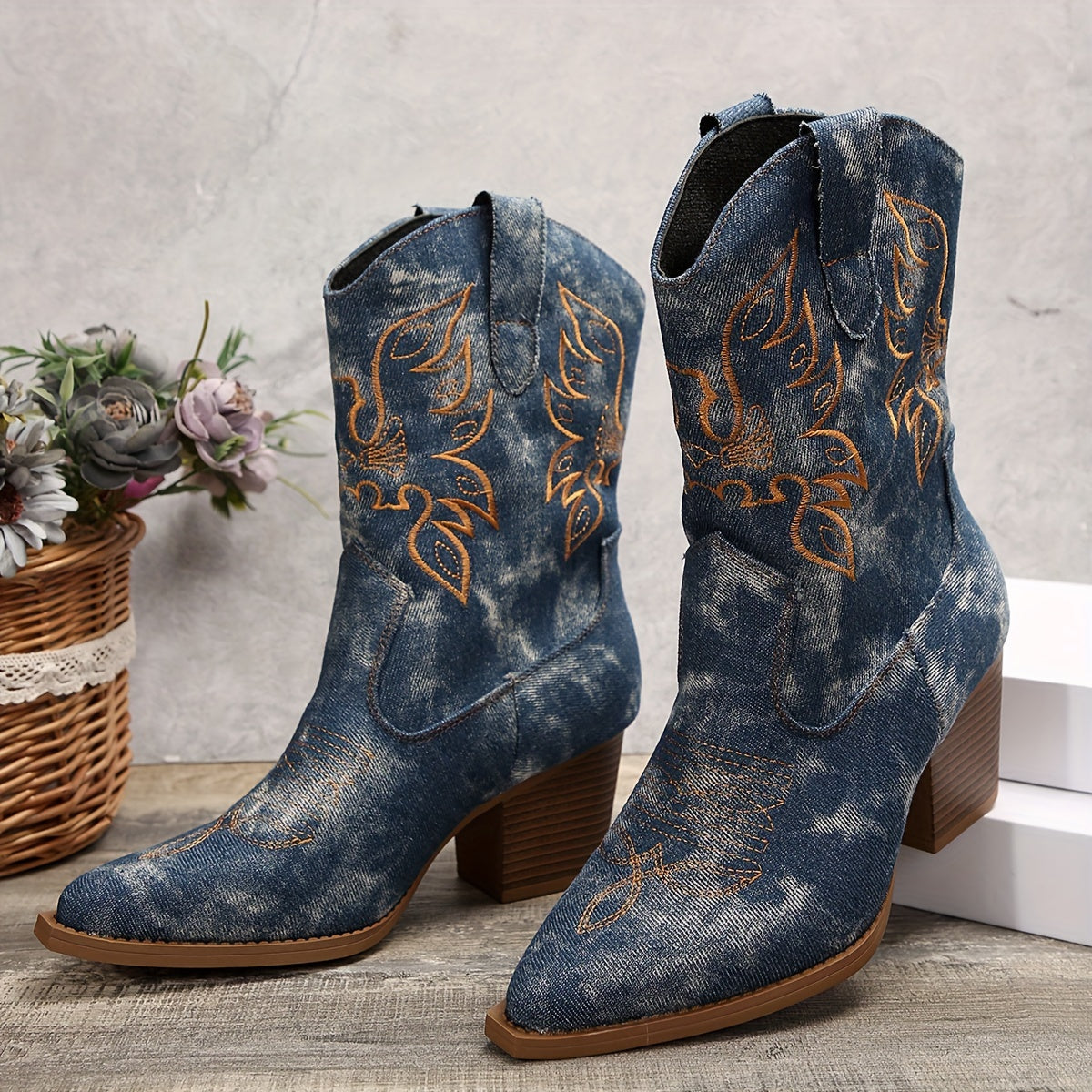 Women's Wide Calf Western Boots with Floral Embroidery | Block Heel and Washed Finish | Size 5.5-10.5, Black or Blue