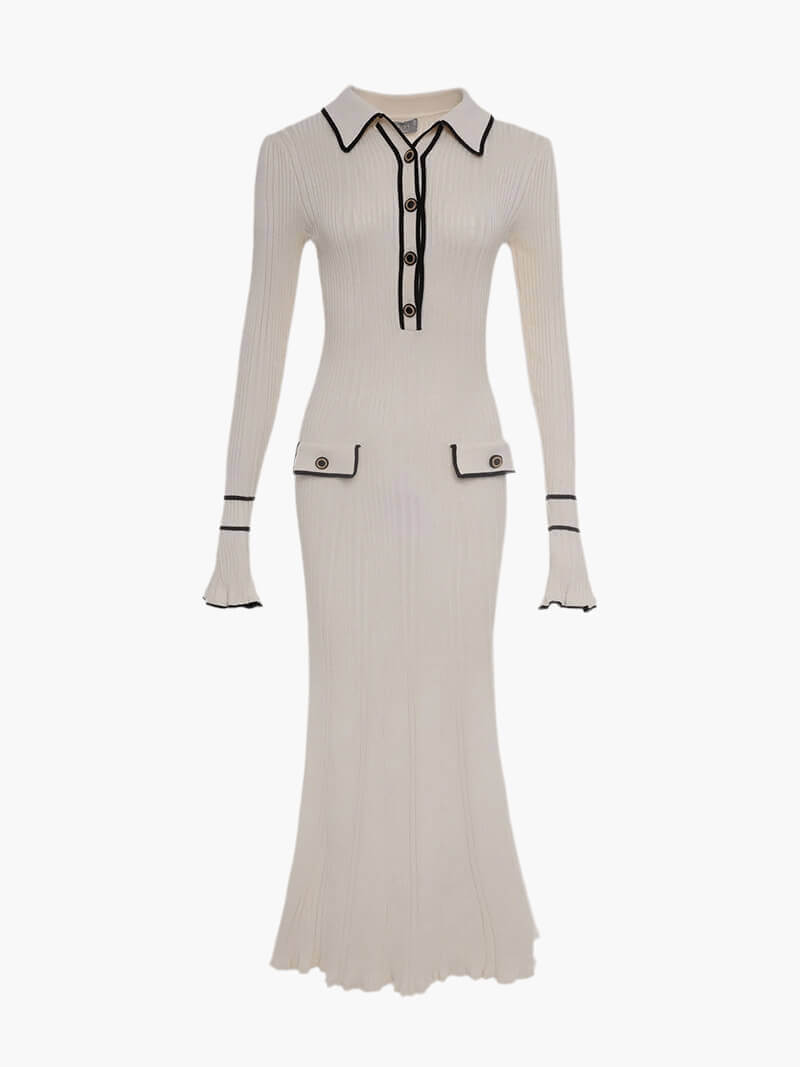 Women's Long Sweater Dress with Polo Collar and Contrast Trim | Ribbed Knit, Flared Hem, Flap Pockets | Sizes S-L, 2 Colors