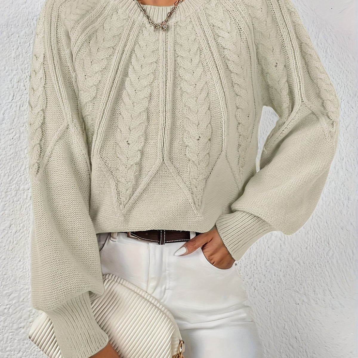 Women's Cable-Knit Pullover Sweater with Lantern Sleeves