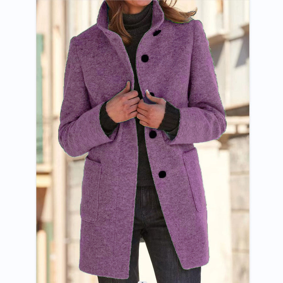 Women's Classic Coat, Stand Collar, Long Sleeves, Button Front