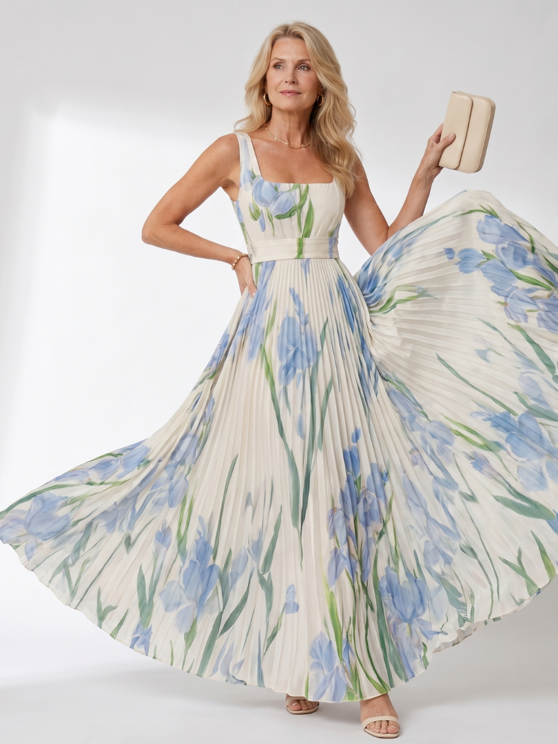 Satin midi dress with a square neckline and pleated skirt