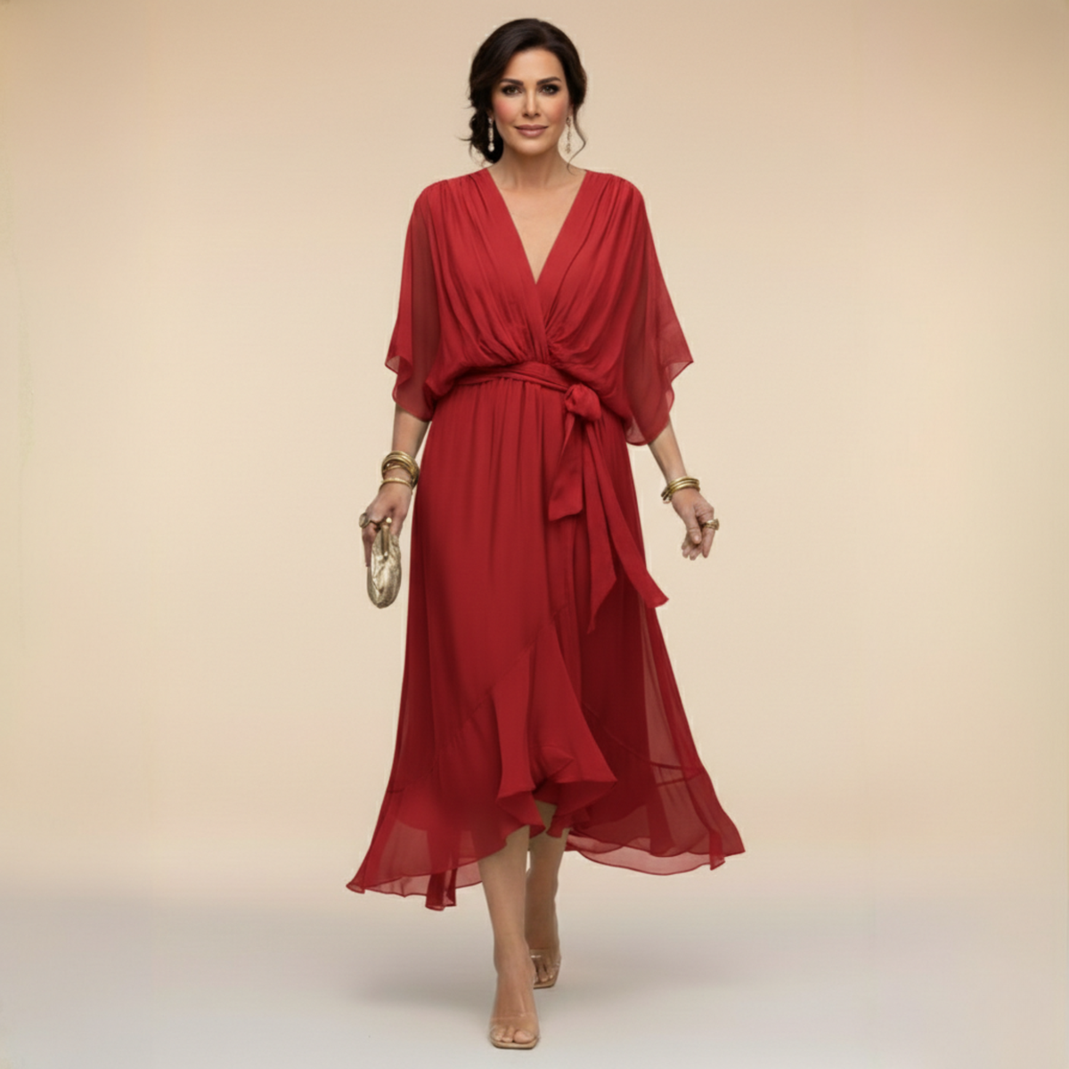 Women's V-Neck Summer Dress – Three-Quarter Sleeve Flowy Dress