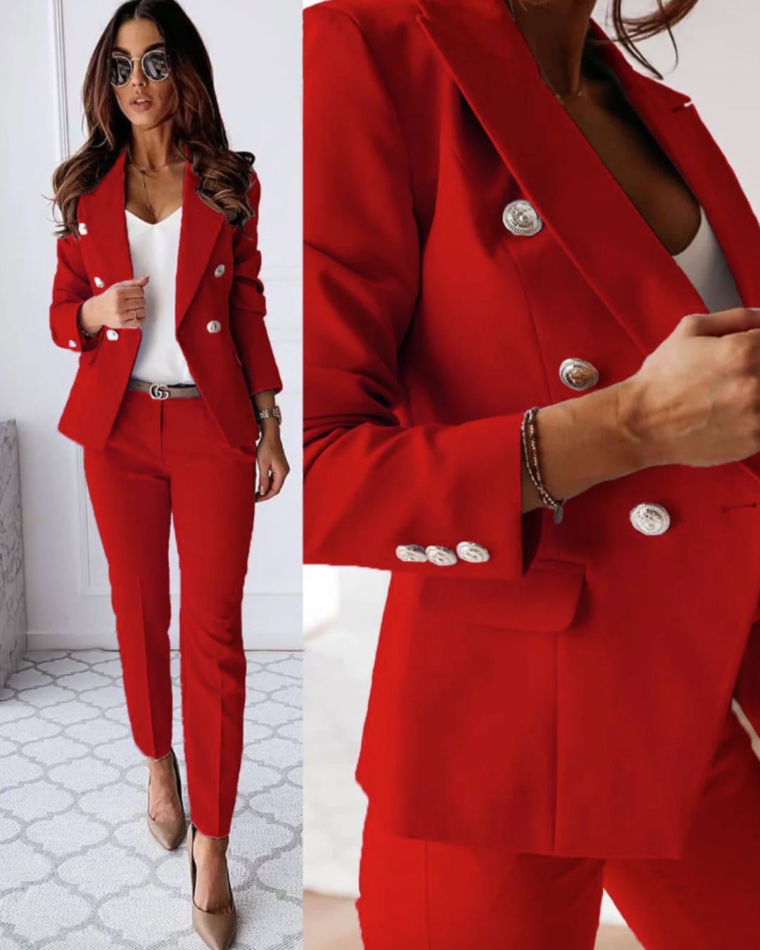 Women's Double-Breasted Trouser Suit, Tailored Blazer