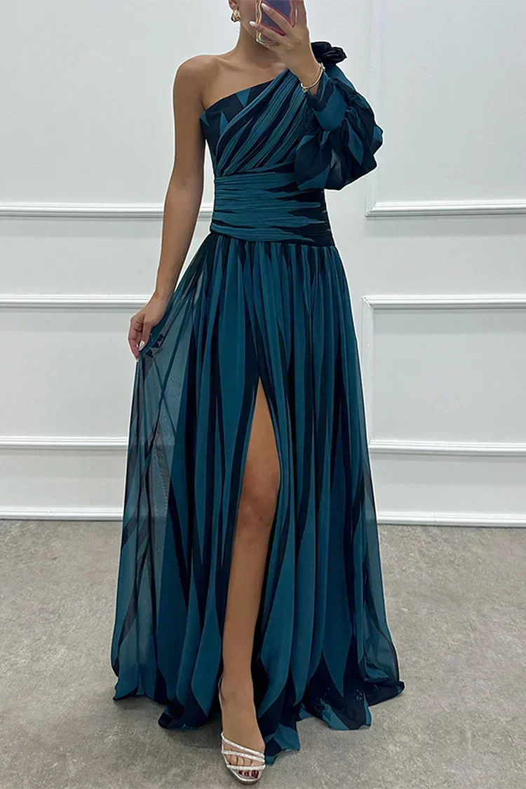 Women's Striped One Shoulder Maxi Dress | Pleated Skirt with a Front Slit and Fitted Waist | Size S-XL, 4 Colors