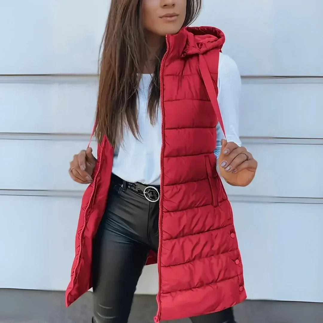 Women's Long Hooded Puffer Vest for Layering | Lightweight Sleeveless Design Weighing 495 g, Easy Care | Size S-5XL