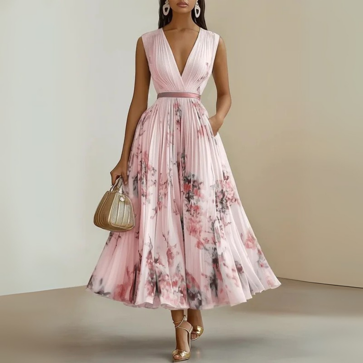 Women's Pleated Floral Maxi Dress – Sleeveless Wedding Guest Occasion Dress