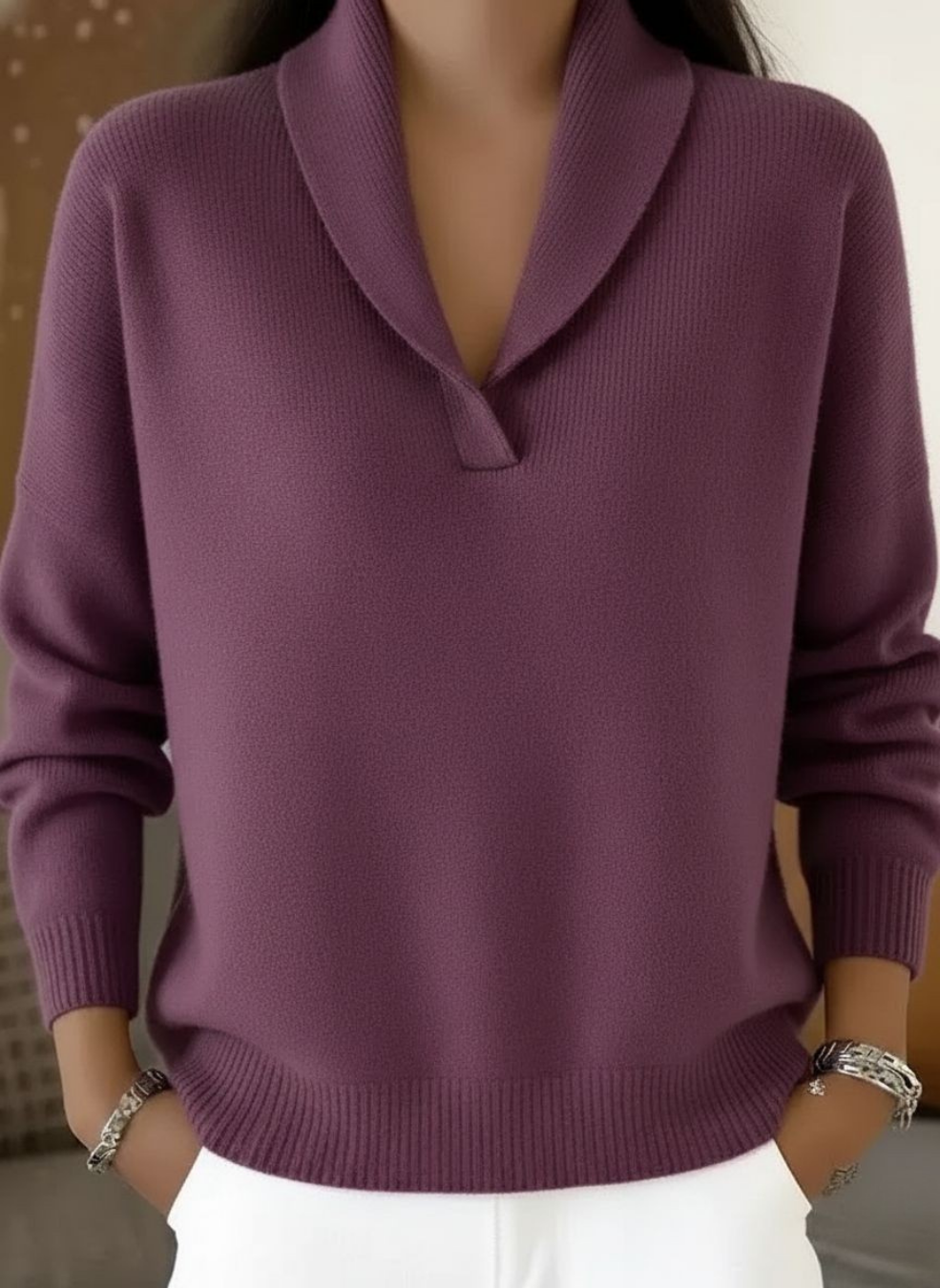 Women's Ribbed V-Neck Knit Jumper, Long Sleeves, Relaxed Fit