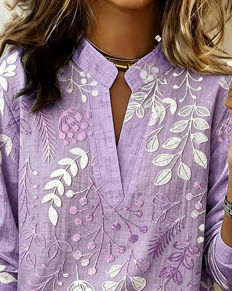 Women's Botanical Print Blouse, Notched Collar, 3/4 Sleeves