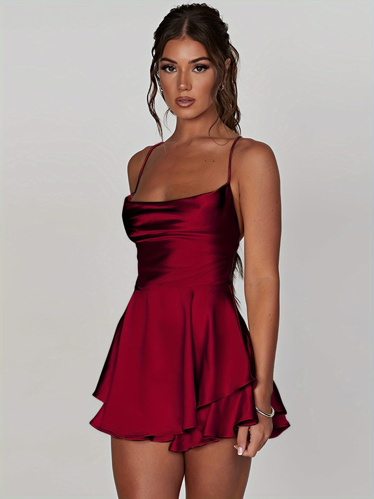 Women's Satin Mini Dress with Ruffled Skirt | Cowl Neckline, Thin Straps, Fitted Bodice | Sizes XS to XL, 10 Colors