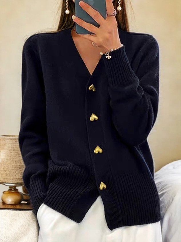 Women's V-Neck Cardigan, Long Sleeves, Heart Buttons